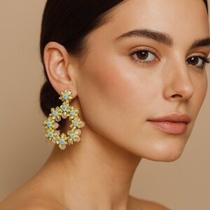 BaubleBar Elegant Floral Statement Drop Earrings Crystal and Pastel Accents